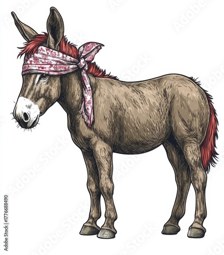 A cartoon female donkey wearing a red bandanna is depicted in a modern clip art style with simple gradients, all on one layer