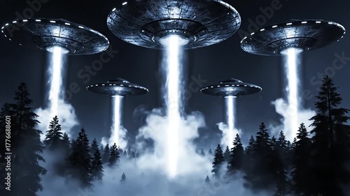 Whispers in the Pines A Cinematic UFO Fleet Over a Foggy Forest
