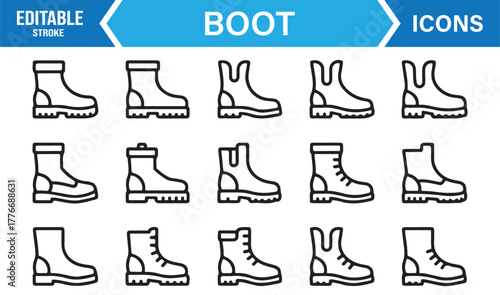Line vector icons of boots – outdoor, work, and fashion footwear symbol collection.