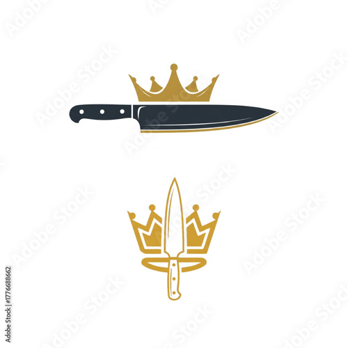 Elegant culinary logo design featuring a chef's knife and crown, ideal for branding restaurants, food blogs, or culinary schools seeking a regal, professional look