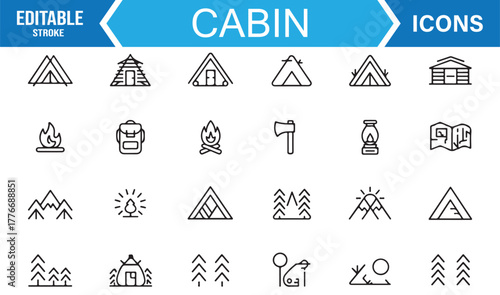 Outdoor adventure icon set – line vector of cabin, tent, trees, and wilderness travel elements.
