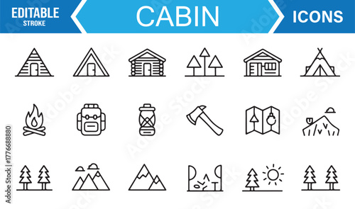 Vector icon set of cabin and forest lodges – editable stroke symbols for camping and hiking design.