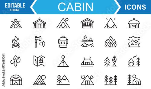 Line icons of camping cabins, forest tents, and nature lodges – editable stroke vector set.