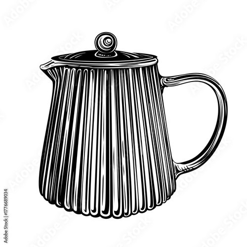 Tea kettle. Vector hand drawn illustration of teapot in engraved style. Metal, glass, ceramic household kitchen utensils. Black and white sketch isolated on white background