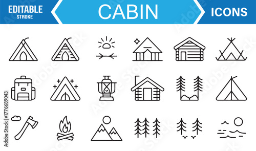Cabin and camping icon set – editable stroke vector of tents, huts, and outdoor adventure symbols.