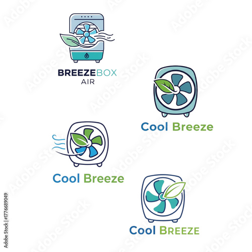 Modern Air Cooler Logos Promoting Freshness and Eco-Friendliness, Featuring Clean Designs with Leaves, Ideal for Branding and Environmental Awareness Campaigns