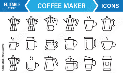 Outline vector icons of coffee maker, kettle, and espresso mug – minimal café design set.