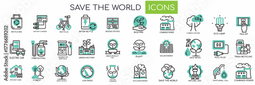 Save the Earth themed eco-friendly icon set for sustainability and environmental awareness.