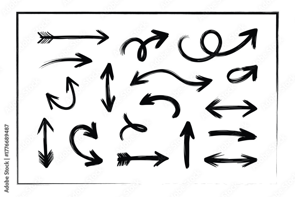 Fototapeta premium Collection of hand drawn black arrows in various shapes and directions on a white background with a rough border