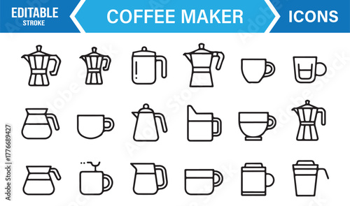 Line vector icons of coffee makers, mugs, and kettles – editable stroke café equipment set.