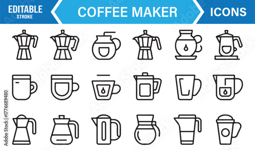 Coffee maker icon set – editable stroke vector of espresso pot, mug, kettle, and café drink symbols.
