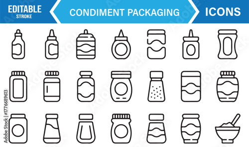 Condiment and sauce packaging icons – outline vector illustration for kitchen and grocery design.
