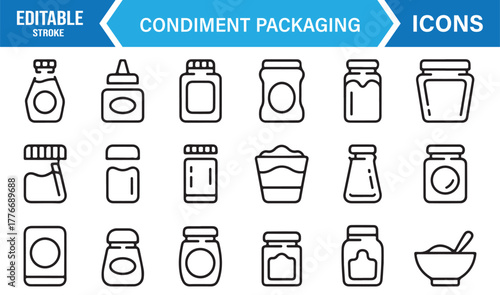 Food condiment line icons – editable stroke vector of jars, bottles, and packaging symbols.
