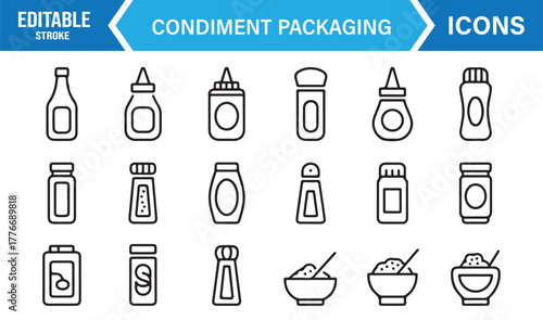 Outline vector icons of food condiment bottles and jars – editable stroke for restaurant design.