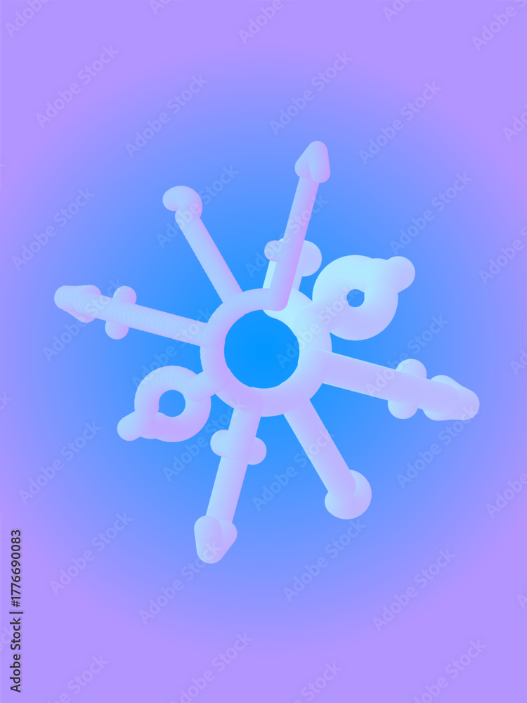 Fototapeta premium A 3D fluid blue-purple shape resembling a snowflake or a fantasy flower with symbols of male (arrows) and female (circle) genders against the hologram silver-blue-purple gradient; vector illustration