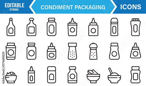 Condiment packaging icon set – editable stroke vector of sauce bottles, jars, and food containers.
