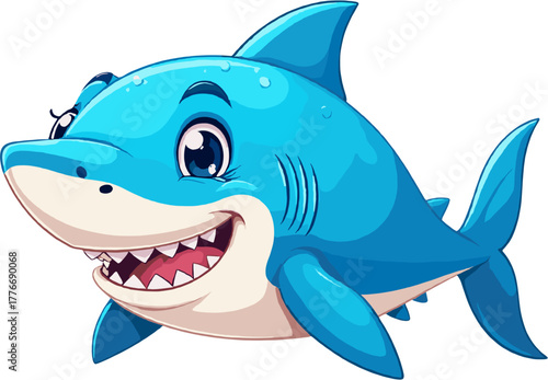 Playful smiling blue shark character, fun ocean animal cartoon symbolizing underwater adventure, marine life, joy and children friendly sea exploration imagination
