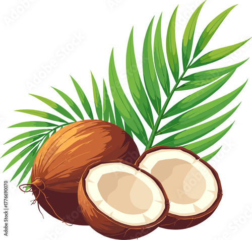 Tropical beach composition with coconut fruit, green palm leaves and smiling blue shark, playful summer illustration symbolizing fun vacation energy, ocean adventure and exotic freshness