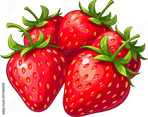 Fresh ripe strawberries with lush green leaves, vibrant fruit illustration representing summer sweetness, organic taste and natural healthy lifestyle
