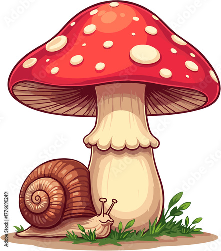 Whimsical red toadstool mushroom with tiny snail, charming forest illustration symbolizing magic, fairytales, woodland mystery and cozy autumn nature