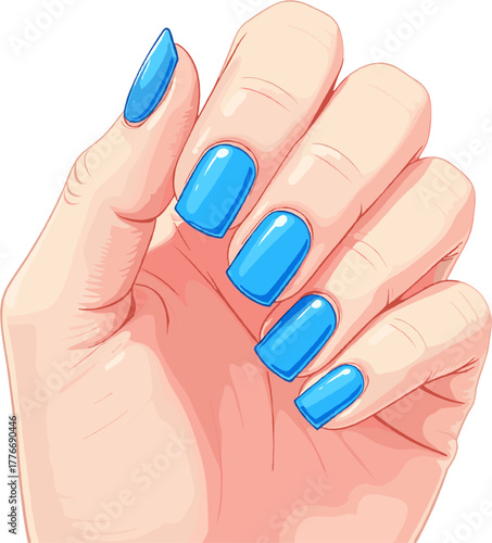 Woman hand with bright blue glossy manicure, bold nail art illustration expressing confidence, modern fashion look and vibrant stylish personality