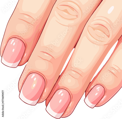 Stylish hand with glossy nude manicure, polished fingernails illustration representing natural beauty, self-care, minimal luxury and modern feminine elegance