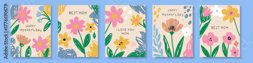 Happy Mother’s Day floral card set. Hand drawn spring flowers in elegant modern style. Trendy vector templates perfect for greeting cards, posters, and festive design projects.