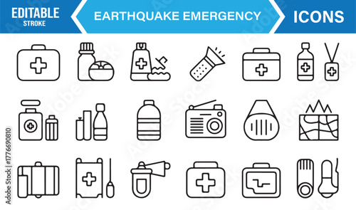 Line vector icons of earthquake emergency supplies – editable stroke disaster preparedness symbols.