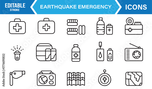 Earthquake emergency icon set – editable stroke vector of first aid, flashlight, and survival equipment.