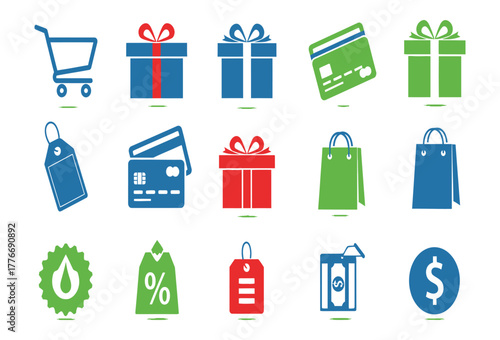 Colorful shopping vector icons for e-commerce promotion, sales, and retail marketing campaigns, offering a modern and attractive set of elements for your designs  