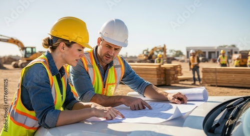 Two construction workers planning with blueprints at a building site. Male and female engineers collaborating on a project