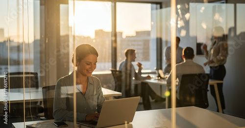 Elegant office interior where business professionals collaborate in a meeting, blending modern design and a productive atmosphere.