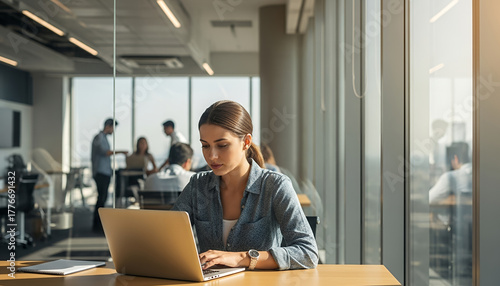 Contemporary workspace with city skyline views and professionals engaged in teamwork under natural sunset lighting