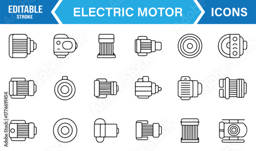 Electric motor icon set – editable stroke vector of industrial machinery, engines, and mechanical devices.