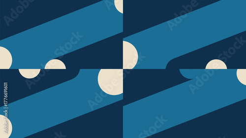 Abstract design with blue shapes and circles arranged in a repeating pattern on dark background