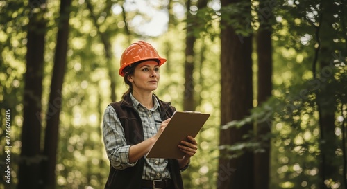 A female forester with a hard hat and clipboard inspects a forest. Professional ecologist working on environmental conservation and land management