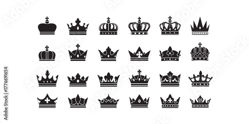 Crown vector icons set isolated on white background. King or queen Crown icons set black silhouettes. Crown king premium quality symbol collection. Stock vector elements isolated.