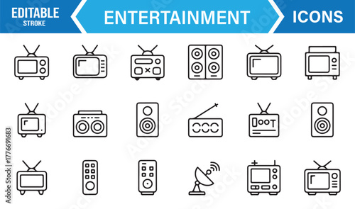 Modern entertainment and broadcasting icons – editable stroke symbols for sound and media devices.