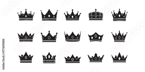 Crown vector icons set isolated on white background. King or queen Crown icons set black silhouettes. Crown king premium quality symbol collection. Stock vector elements isolated.