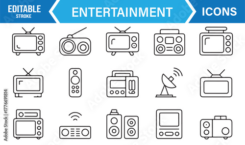 Home entertainment and sound system icons – vector illustration of audio, speakers, and monitors.