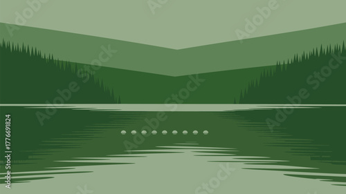 A stylized green landscape with a lake reflecting trees and a row of white circles across water