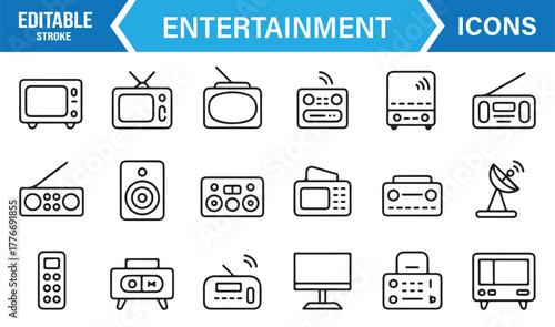 Editable stroke entertainment device icons – TV, stereo, radio, and audio system outline collection.