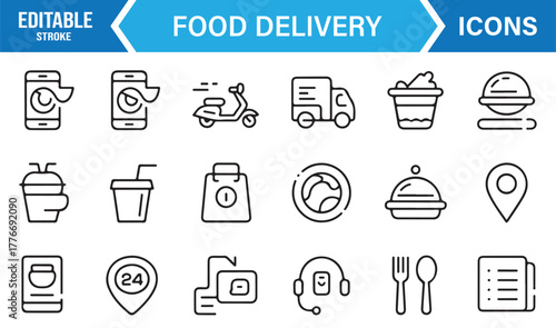 Delivery service vector icon set – modern outline style of food courier, order tracking, and restaurant.