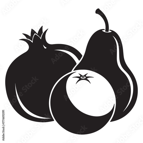 Still life of a pomegranate, orange, and pear