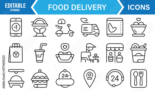 Online food delivery and takeaway icons – minimal vector of courier, app order, and customer service.