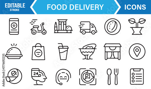 Editable stroke vector of food delivery, courier scooter, and takeaway restaurant service icons.