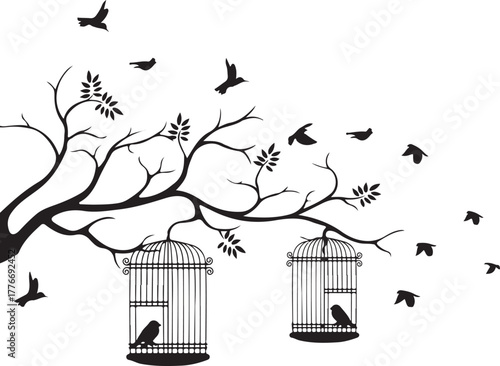 Black bird cage and house icons set with tree branch silhouette design