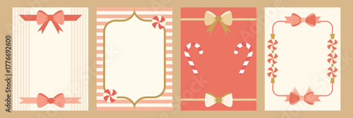 Elegant Christmas greeting card template with pastel pink stripes, red bows and candy cane decoration – festive border frame for holiday message