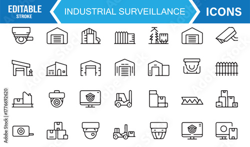Factory surveillance system outline icons – security camera, monitor, and warehouse protection design.