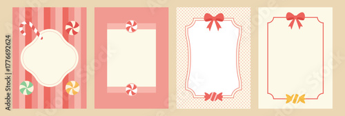 Cute pastel Christmas greeting card frames with candy cane, bow, and peppermint border – festive holiday template
